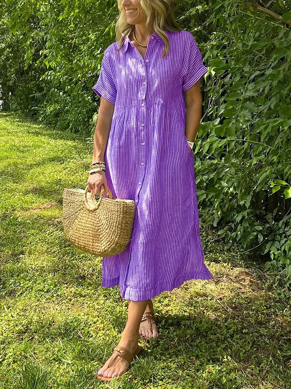 Women’s Striped Button-Front Midi Shirt Dress