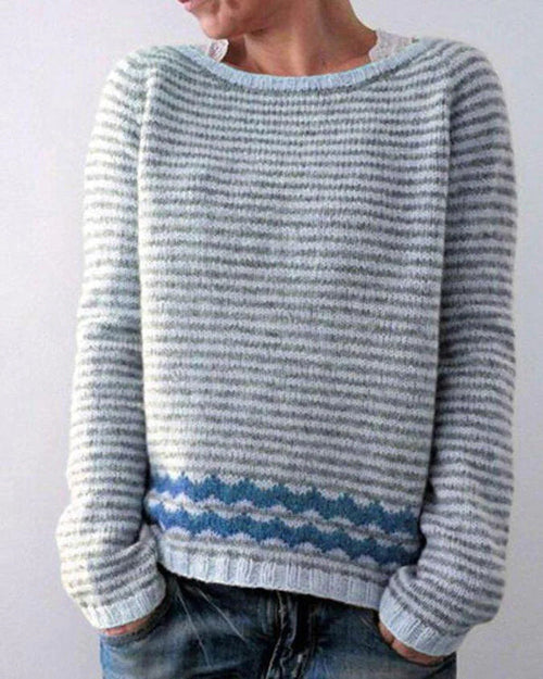Women's Striped Nordic Pattern Crew Neck Sweater