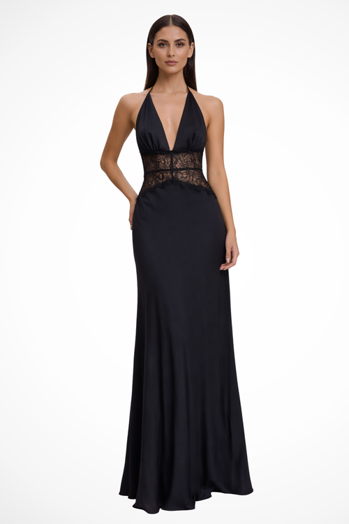 Women’s Deep V Halter Evening Gown with Lace Waist Detail