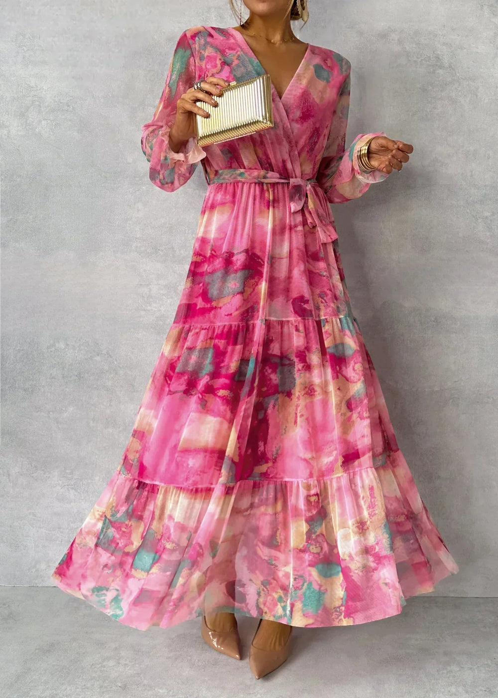 Elegant Floral Maxi Wrap Dress with Long Sleeves