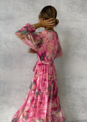 Elegant Floral Maxi Wrap Dress with Long Sleeves