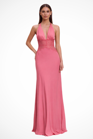Women’s Deep V Halter Evening Gown with Lace Waist Detail