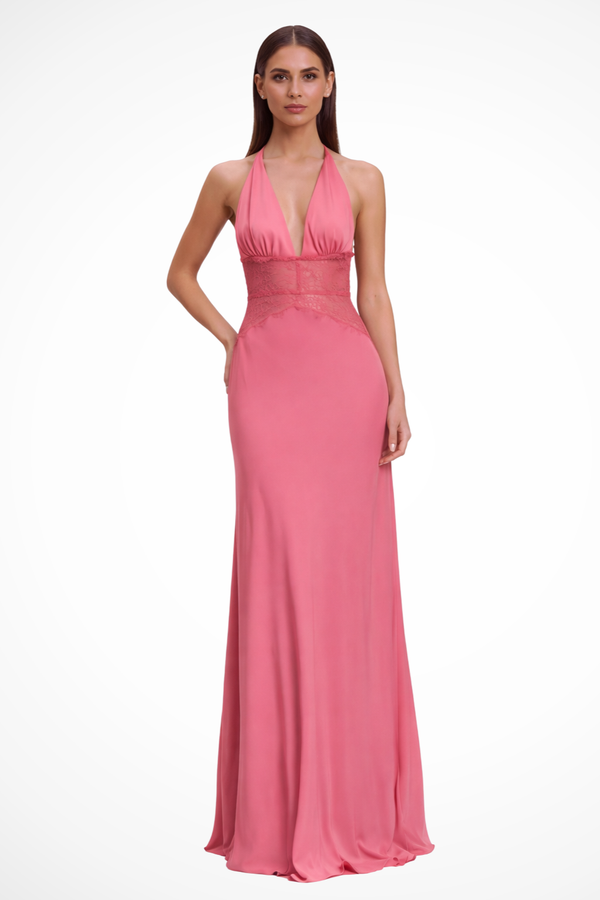 Women’s Deep V Halter Evening Gown with Lace Waist Detail