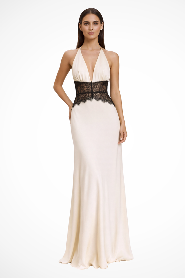 Women’s Deep V Halter Evening Gown with Lace Waist Detail