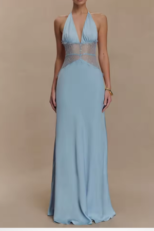 Women’s Deep V Halter Evening Gown with Lace Waist Detail