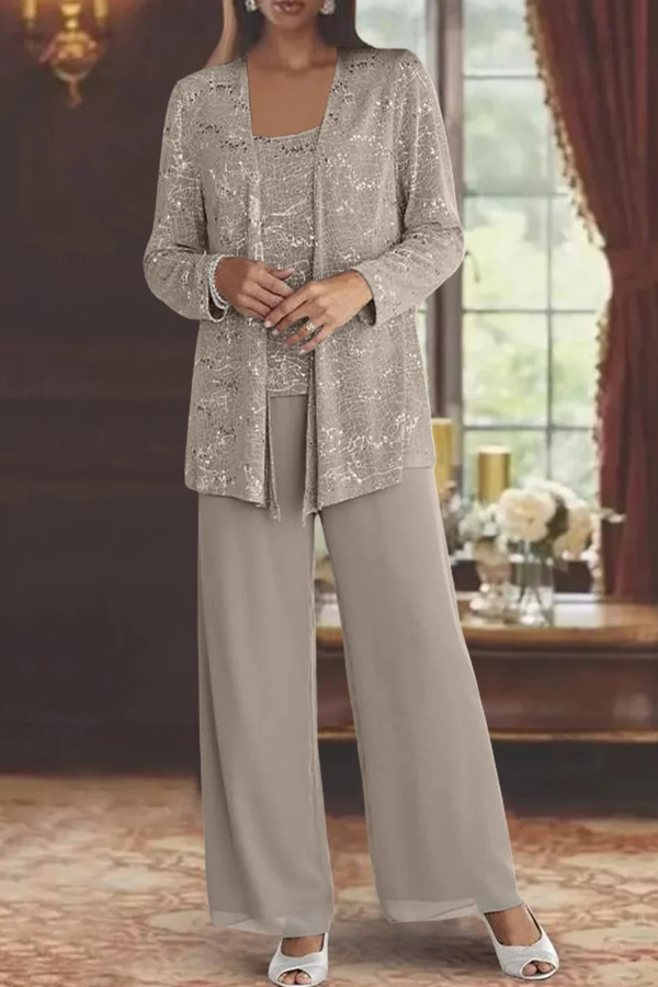 Sequin Lace Three Piece Suit Wide Leg Women