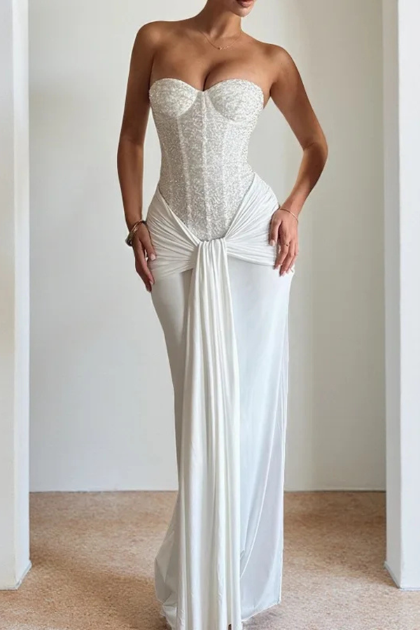 Women's Strapless Sweetheart Neck Ruched Maxi Dress