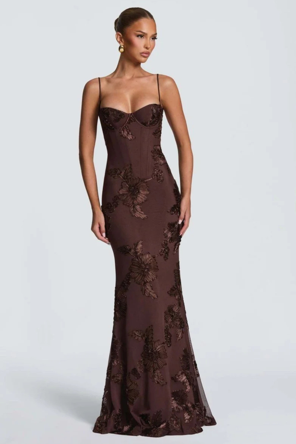 Women's Floral Embroidered Strapless Corset Maxi Dress