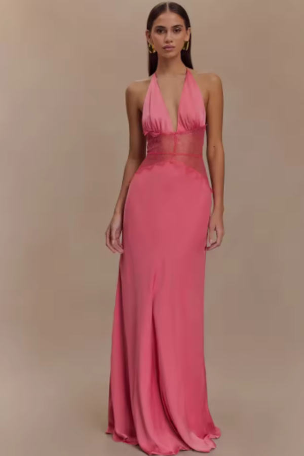 Women’s Deep V Halter Evening Gown with Lace Waist Detail
