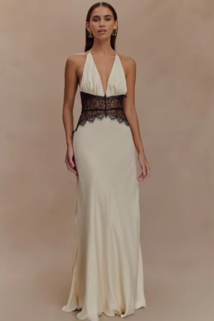Women’s Deep V Halter Evening Gown with Lace Waist Detail