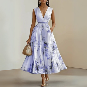 Women's Floral Print Sleeveless Midi Dress with Deep V-Neck