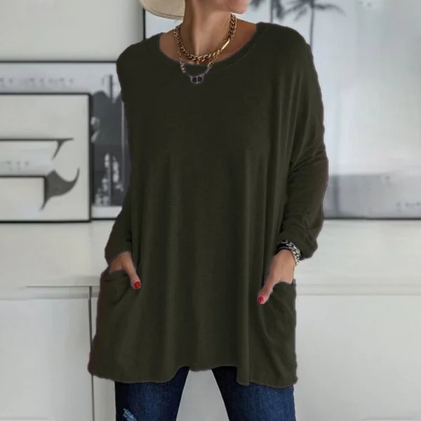 Túnica de manga larga para mujer con bolsillos y corte oversize