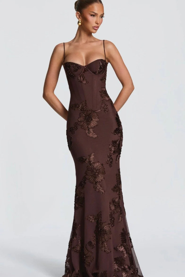 Women's Floral Embroidered Strapless Corset Maxi Dress