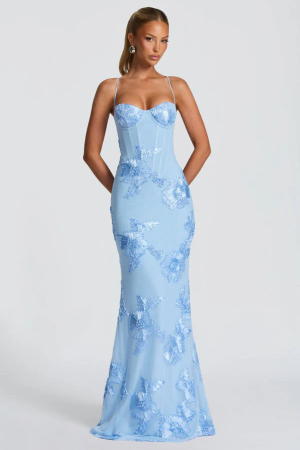 Women’s Floral Mermaid Strapless Lace-Up Back Formal Maxi Dress