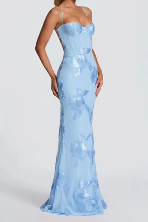 Women's Floral Embroidered Strapless Corset Maxi Dress