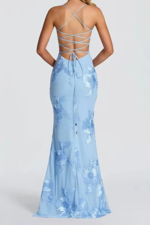 Women’s Floral Mermaid Strapless Lace-Up Back Formal Maxi Dress