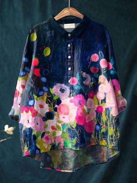 Women's Watercolor Bloom Button-Up Blouse