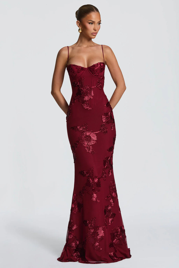 Women’s Floral Mermaid Strapless Lace-Up Back Formal Maxi Dress
