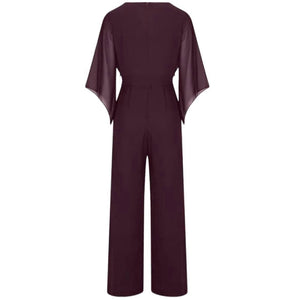 Women's Elegant Draped Neck Jumpsuit with Chiffon Cape Sleeves