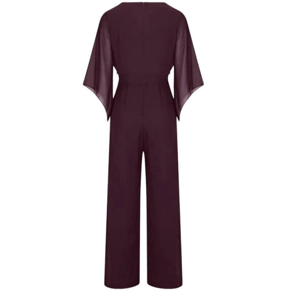 Women's Elegant Draped Neck Jumpsuit with Chiffon Cape Sleeves