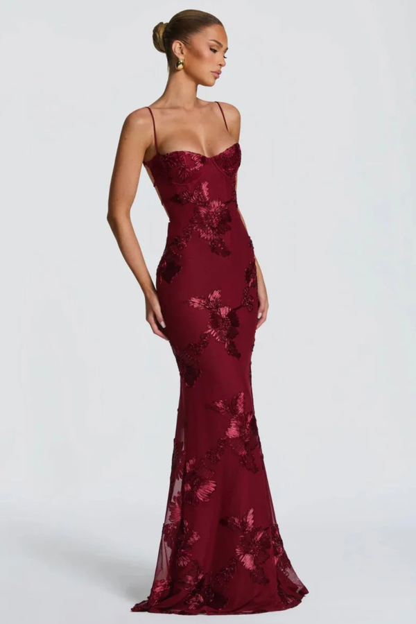 Women's Floral Embroidered Strapless Corset Maxi Dress