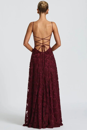 Women's Floral Jacquard Maxi Dress Lace-Up Back