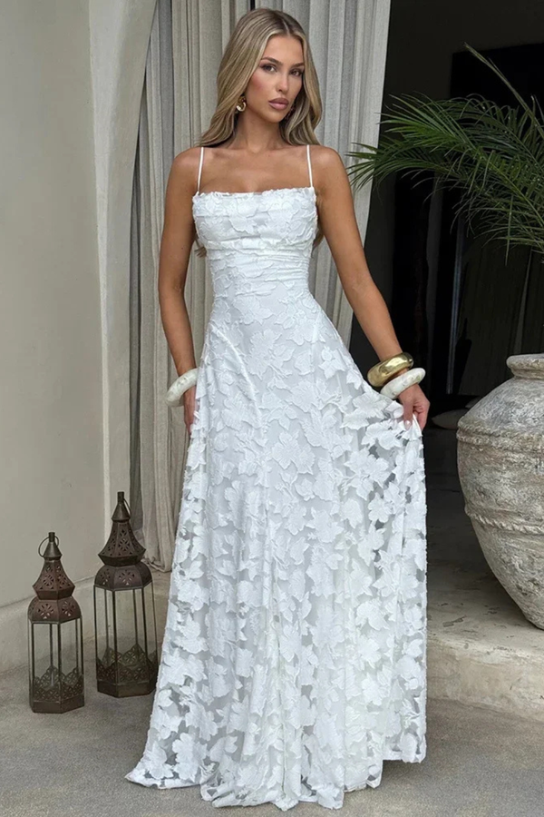 Women's Floral Jacquard Maxi Dress Lace-Up Back