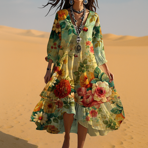 Women’s Boho Floral Flowing V-Neck Maxi Dress