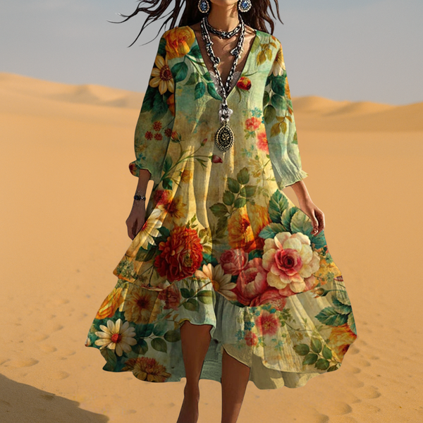 Women's Vintage Bohemian Floral Midi Dress with Flowing Hem