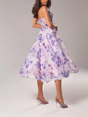 Women’s Strapless Floral Midi Dress with Flared A-Line Silhouette