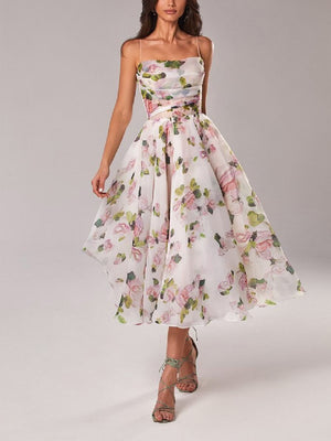 Women's Strapless Printed Swing Midi Dress