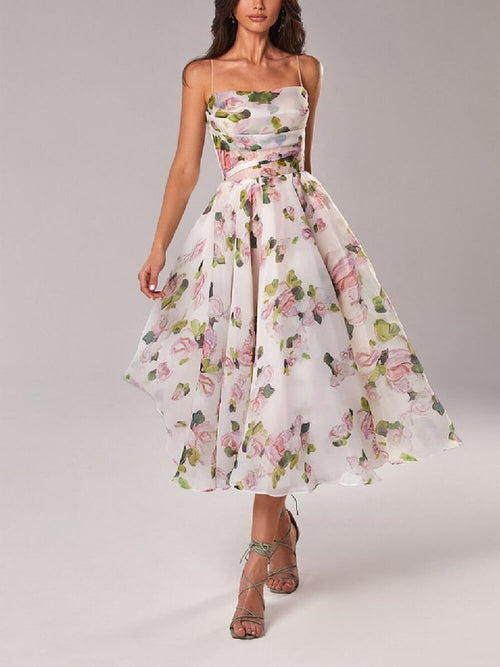 Women's Strapless Printed Swing Midi Dress