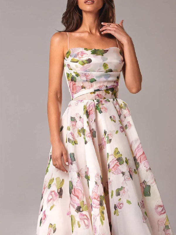 Women’s Strapless Floral Midi Dress with Flared A-Line Silhouette