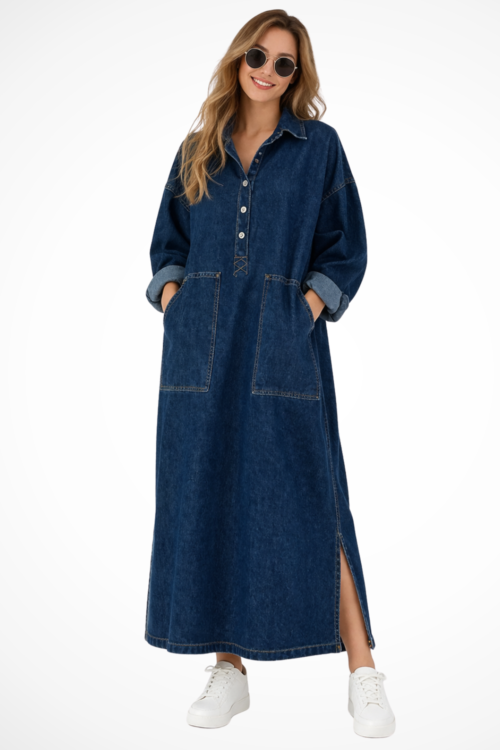 Women's Denim Maxi Dress Oversized Collared Long Sleeve