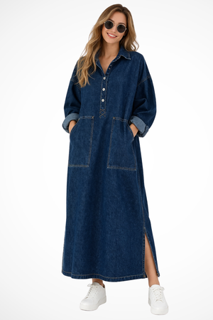 Women's Denim Maxi Dress Oversized Collared Long Sleeve