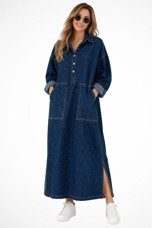 Women's Denim Maxi Dress Oversized Collared Long Sleeve