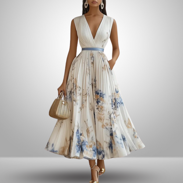 Women's Floral Print Sleeveless Midi Dress with Deep V-Neck