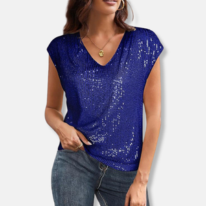Sparkly Sequin V-Neck Top Relaxed Fit Cap Sleeve