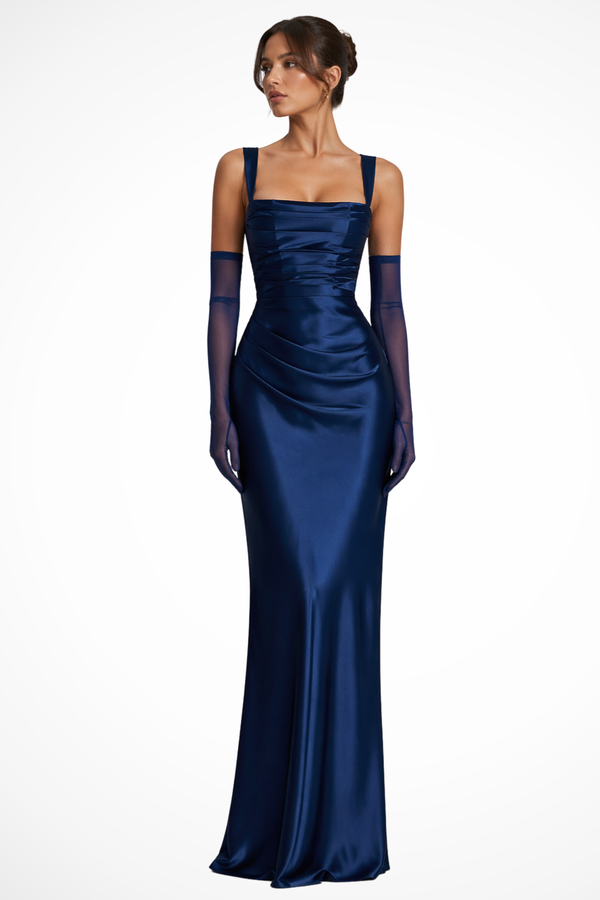 Square Neck Ruched Satin Maxi Dress for Weddings