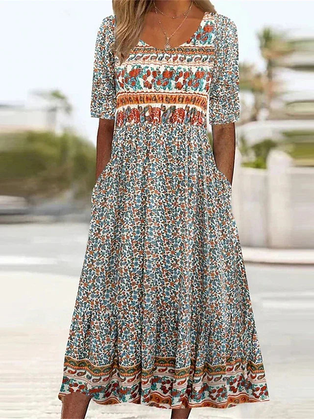 Women’s Boho Vintage Print Floral Midi Dress