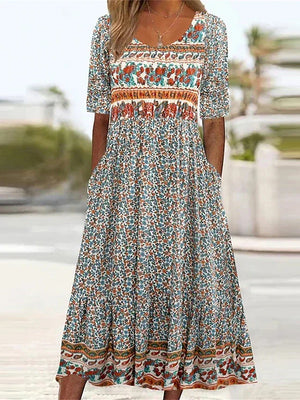Women’s Boho Vintage Print Floral Midi Dress