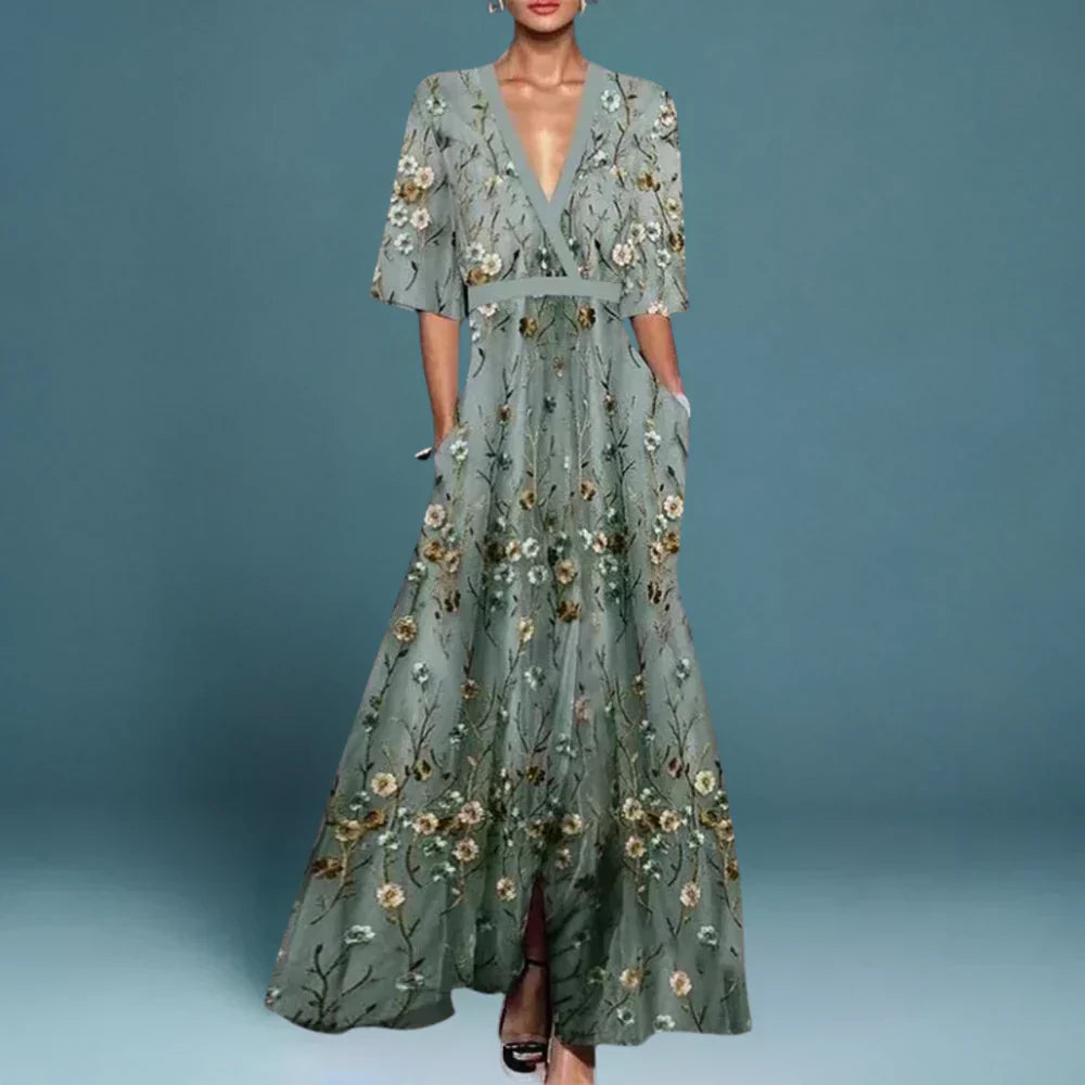 Vestido maxi bordado con flores para mujer