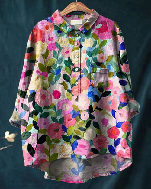 Women's Watercolor Bloom Button-Up Blouse