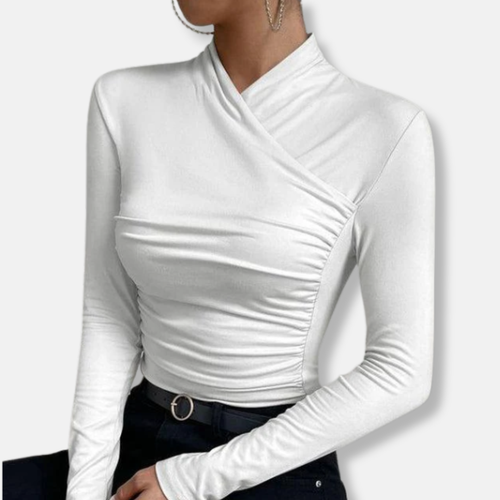 Women’s Asymmetric Ruched High-Neck Long Sleeve Top