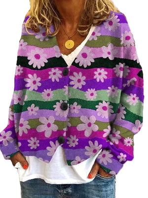 Women's Floral Color Block V-Neck Knit Sweater
