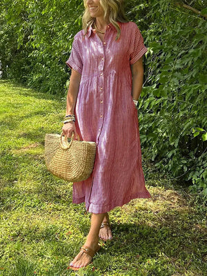 Women’s Striped Button-Front Midi Shirt Dress