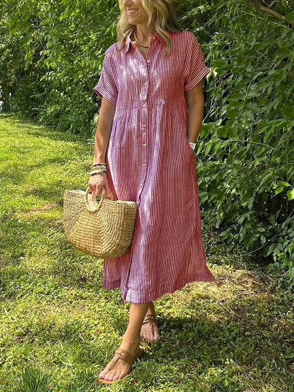 Women’s Striped Button-Front Midi Shirt Dress