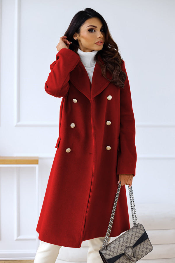 Women's Double-Breasted Long Overcoat with Lapel Collar