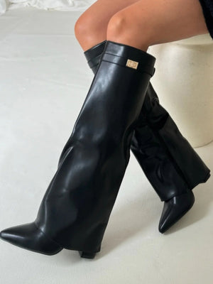 Stylish Women's Knee High Boots with Comfortable Wide Flare Top and Sturdy Block Heel