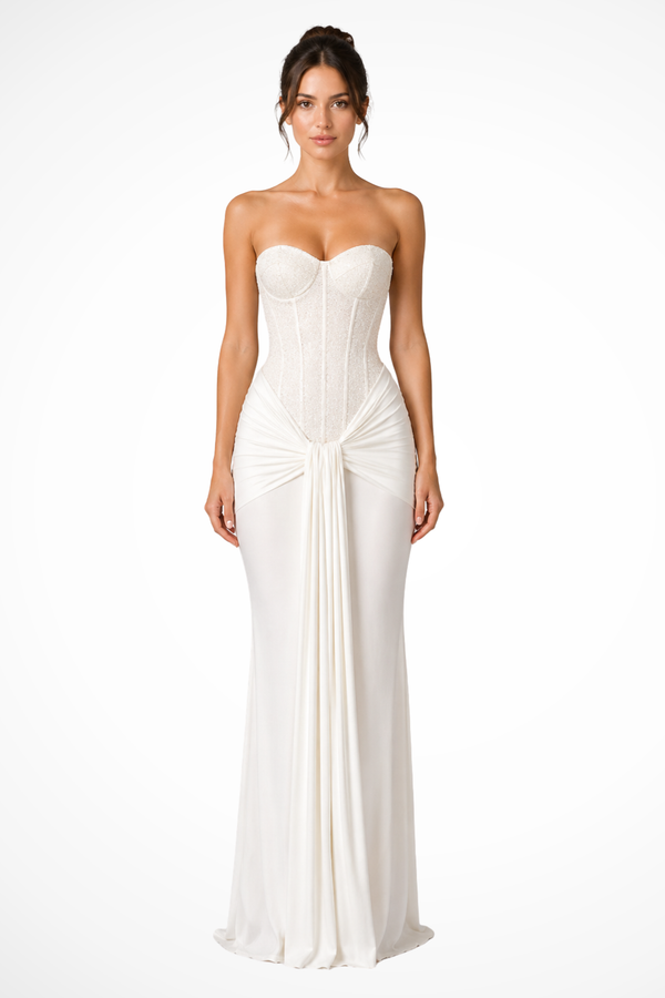 Women's Strapless Sweetheart Neck Ruched Maxi Dress